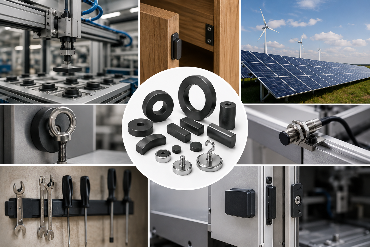 Ímãs de neodímio e ferrite utilizados em diferentes aplicações industriais