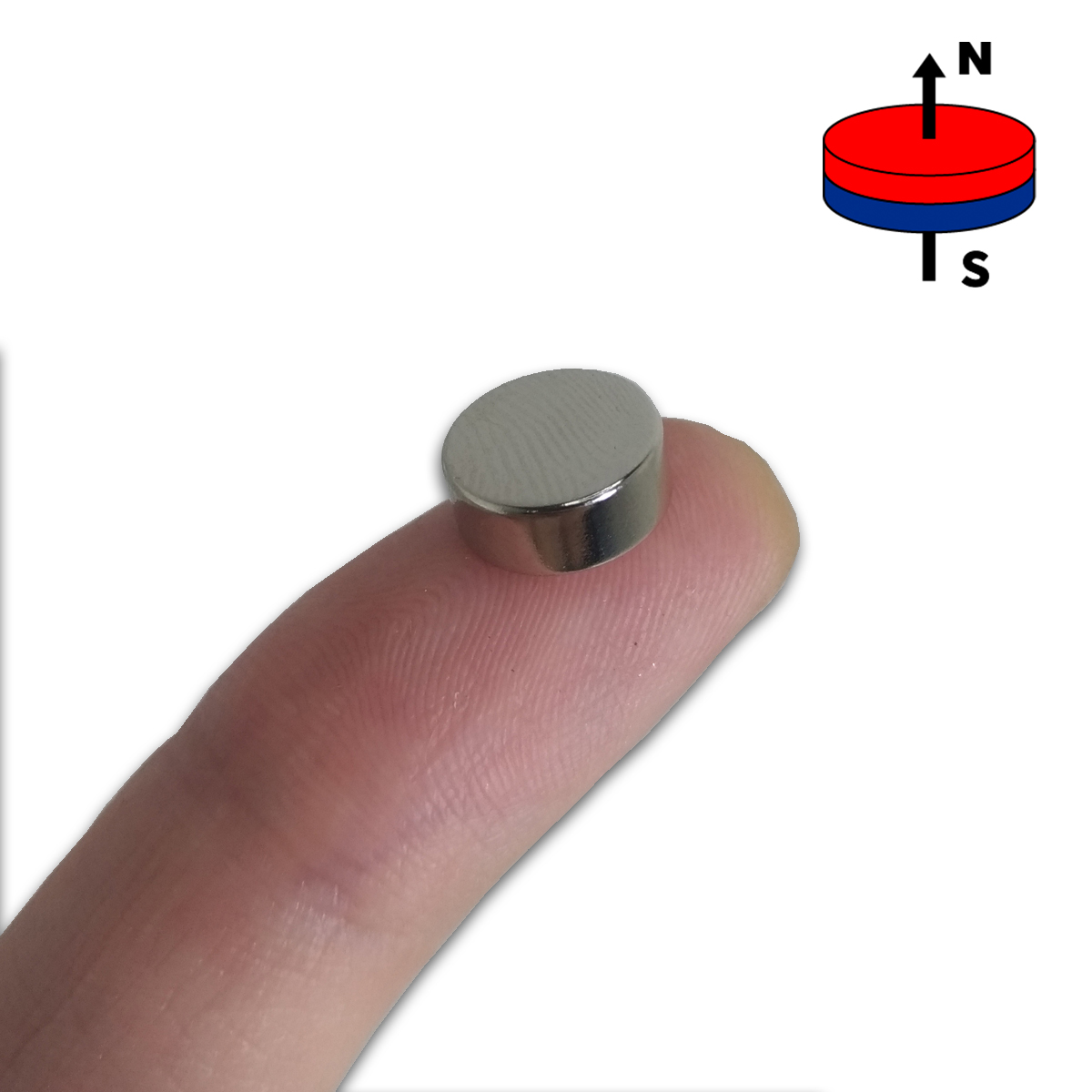 Disco de neodímio 10 mm por 4 mm sobre o dedo para comparação de tamanho