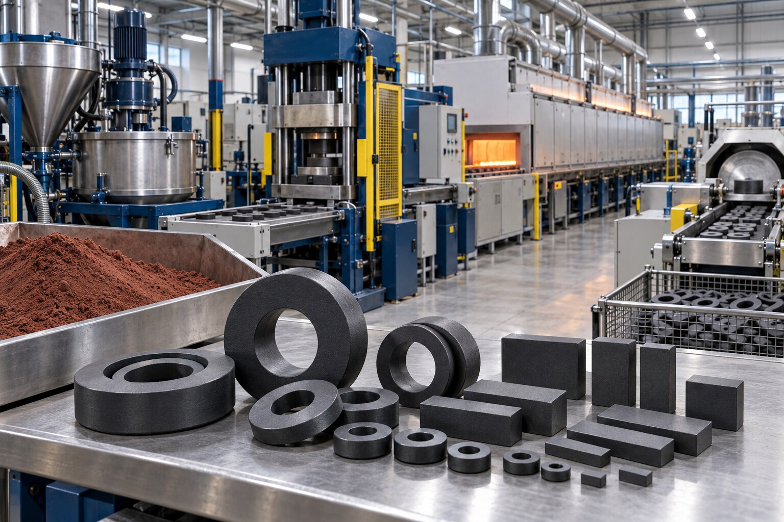 Linha industrial de fabricação de ímãs de ferrite com matérias-primas, prensagem, forno de sinterização e peças acabadas
