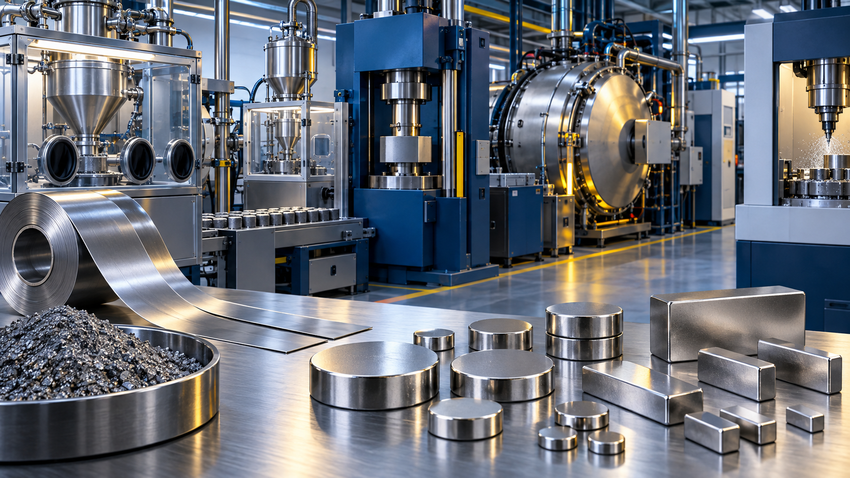 Linha industrial de fabricação de ímãs de neodímio com equipamentos fechados, forno a vácuo e ímãs acabados