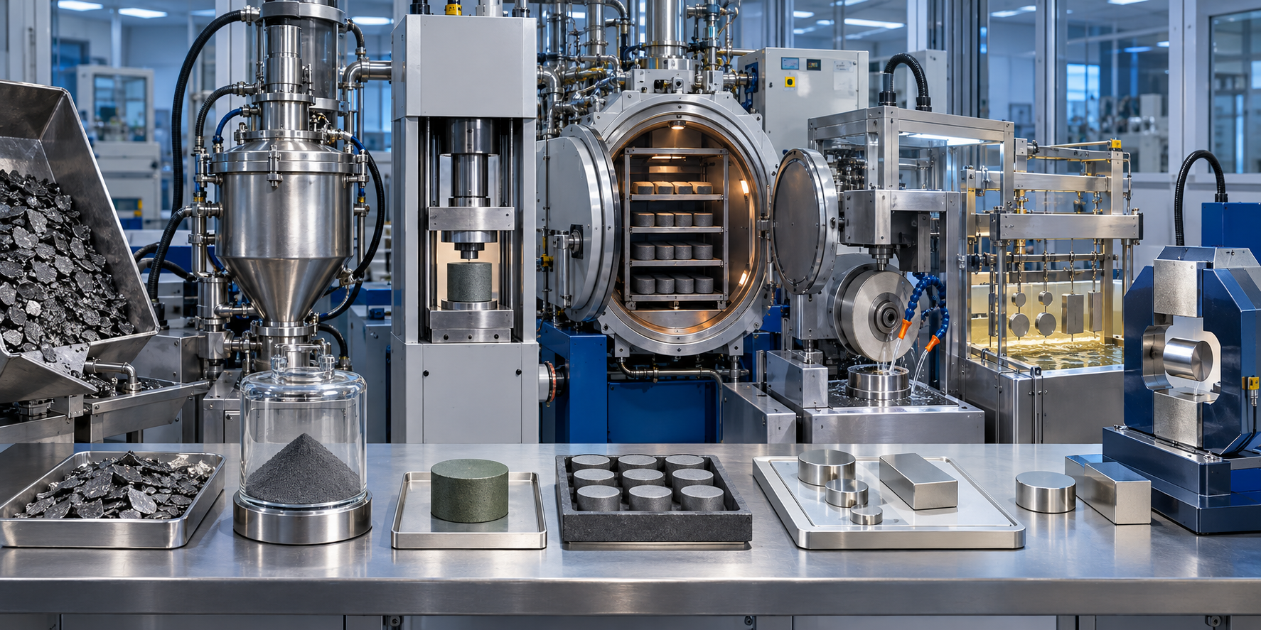 Etapas industriais da fabricação de ímãs NdFeB, da liga e do pó à sinterização, acabamento e magnetização