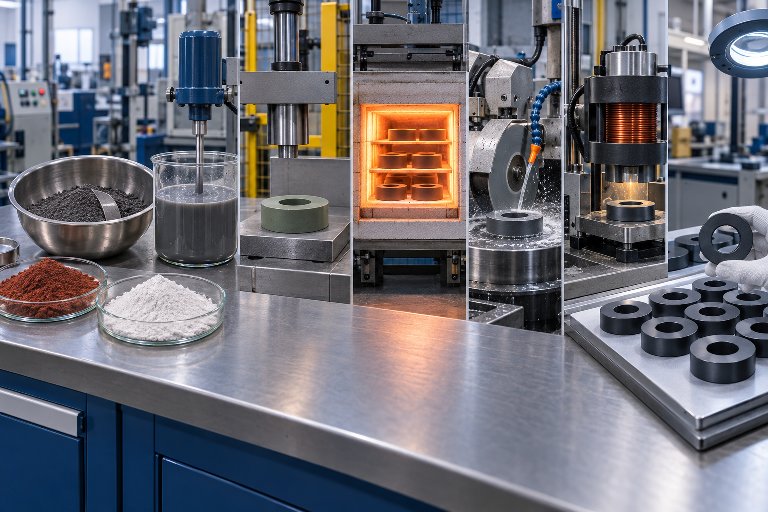 Etapas industriais de fabricação do ímã de ferrite, da mistura de pós à prensagem, sinterização, acabamento e magnetização