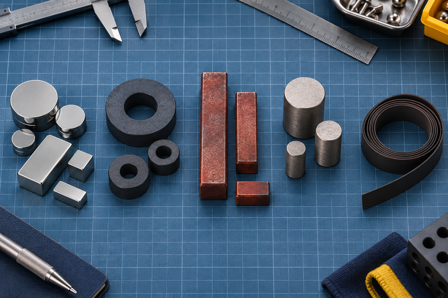 Comparação visual de ímãs de neodímio, ferrite, Alnico, samário-cobalto e material magnético flexível